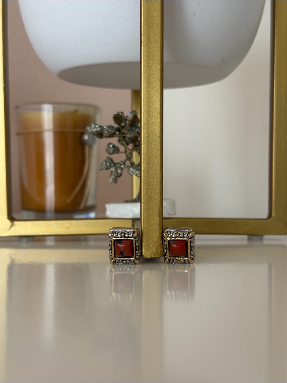 Vintage Two-Tone Square Clip-On Earrings with Faux Carnelian / Red Jasper